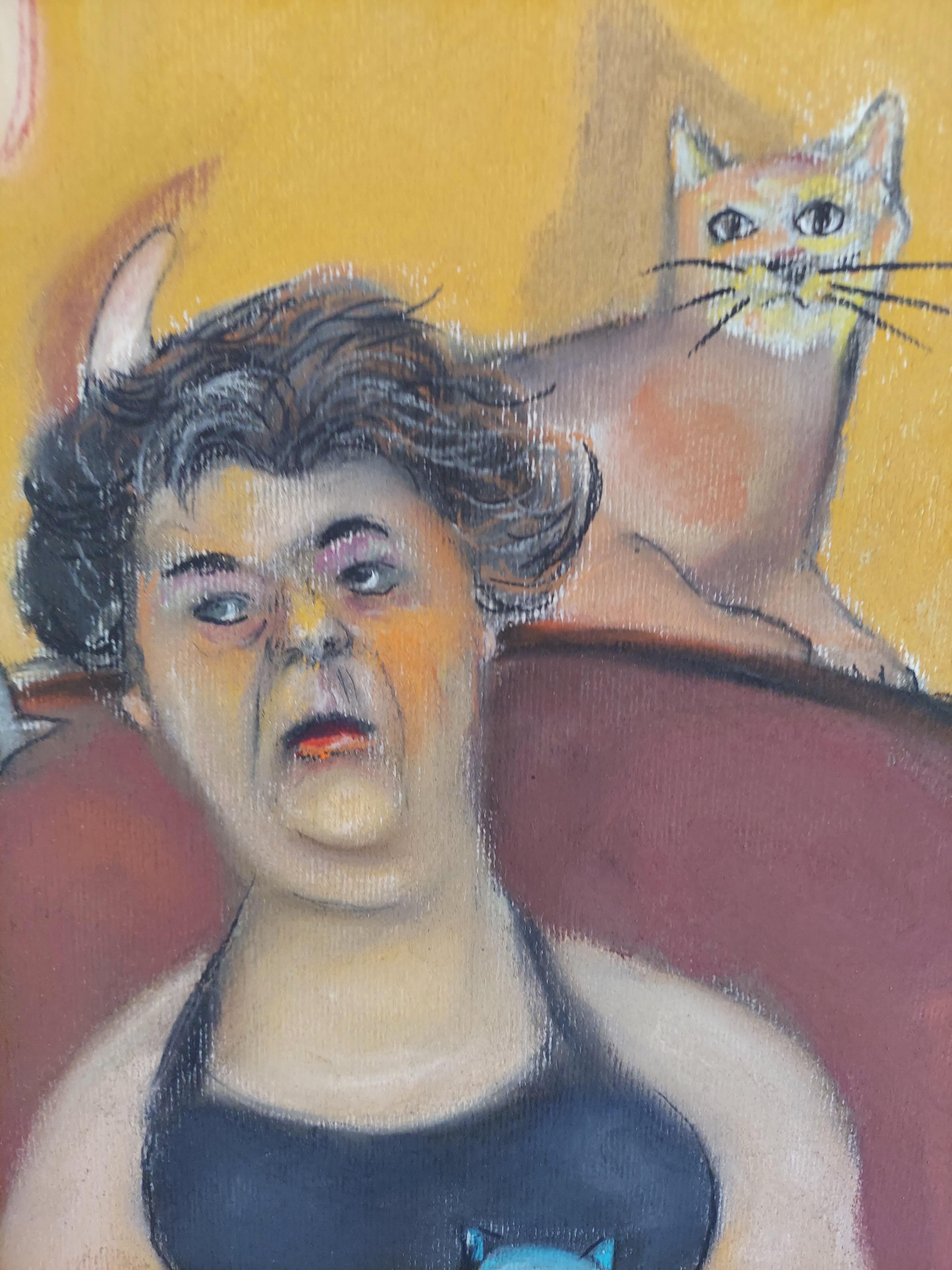 Lucky Cat Lady, farbenfrohe sitzende Frau mit sechs lebenden Kätzchen und chinesischer glücklicher Katze (Amerikanische Moderne), Art, von Stephen Basso