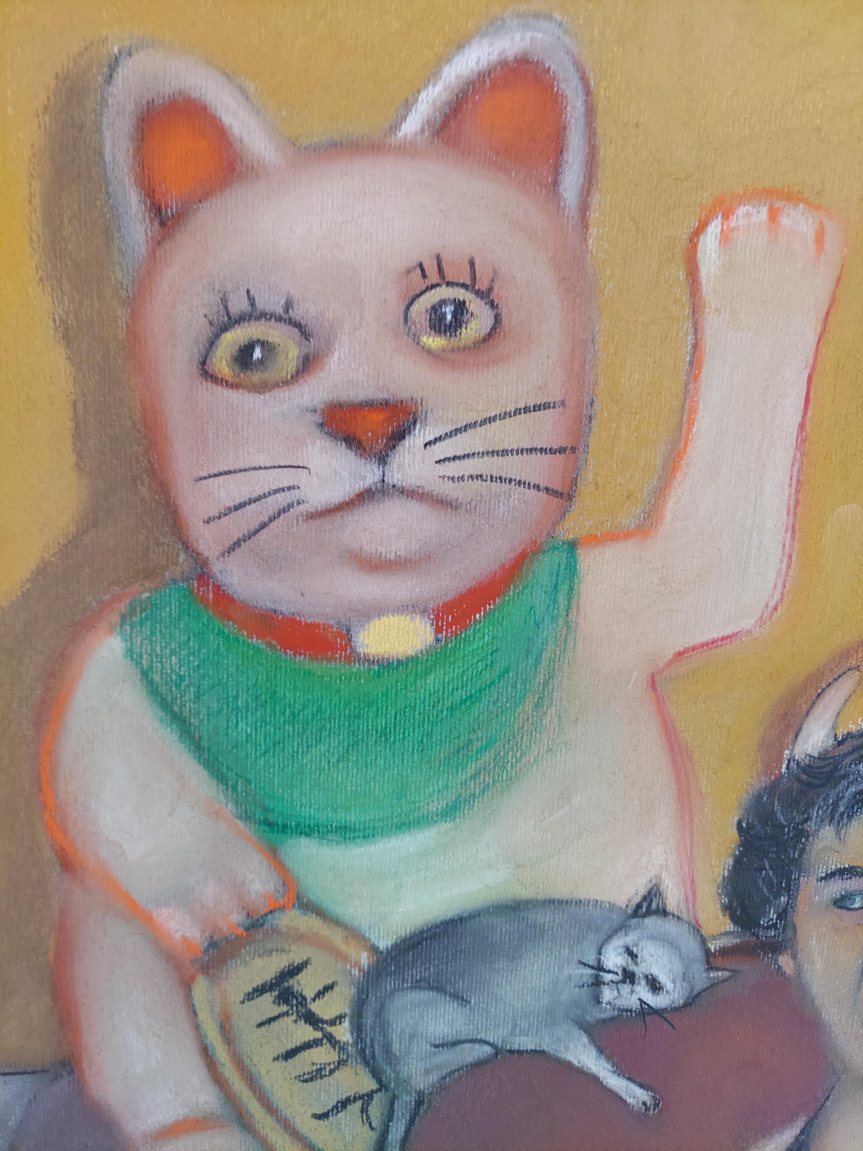 Lucky Cat Lady, farbenfrohe sitzende Frau mit sechs lebenden Kätzchen und chinesischer glücklicher Katze (Grau), Interior Art, von Stephen Basso
