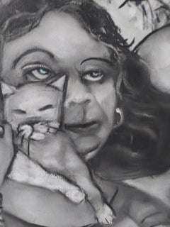 Black and Blue Cat Woman. Charcoal three quarter drawing of large Lady with cats