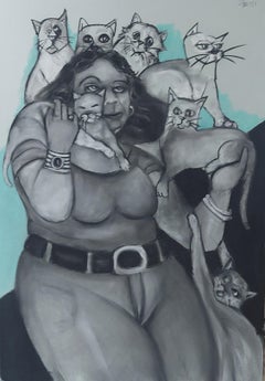 Black and Blue Cat Woman. Charcoal three quarter drawing of large Lady with cats