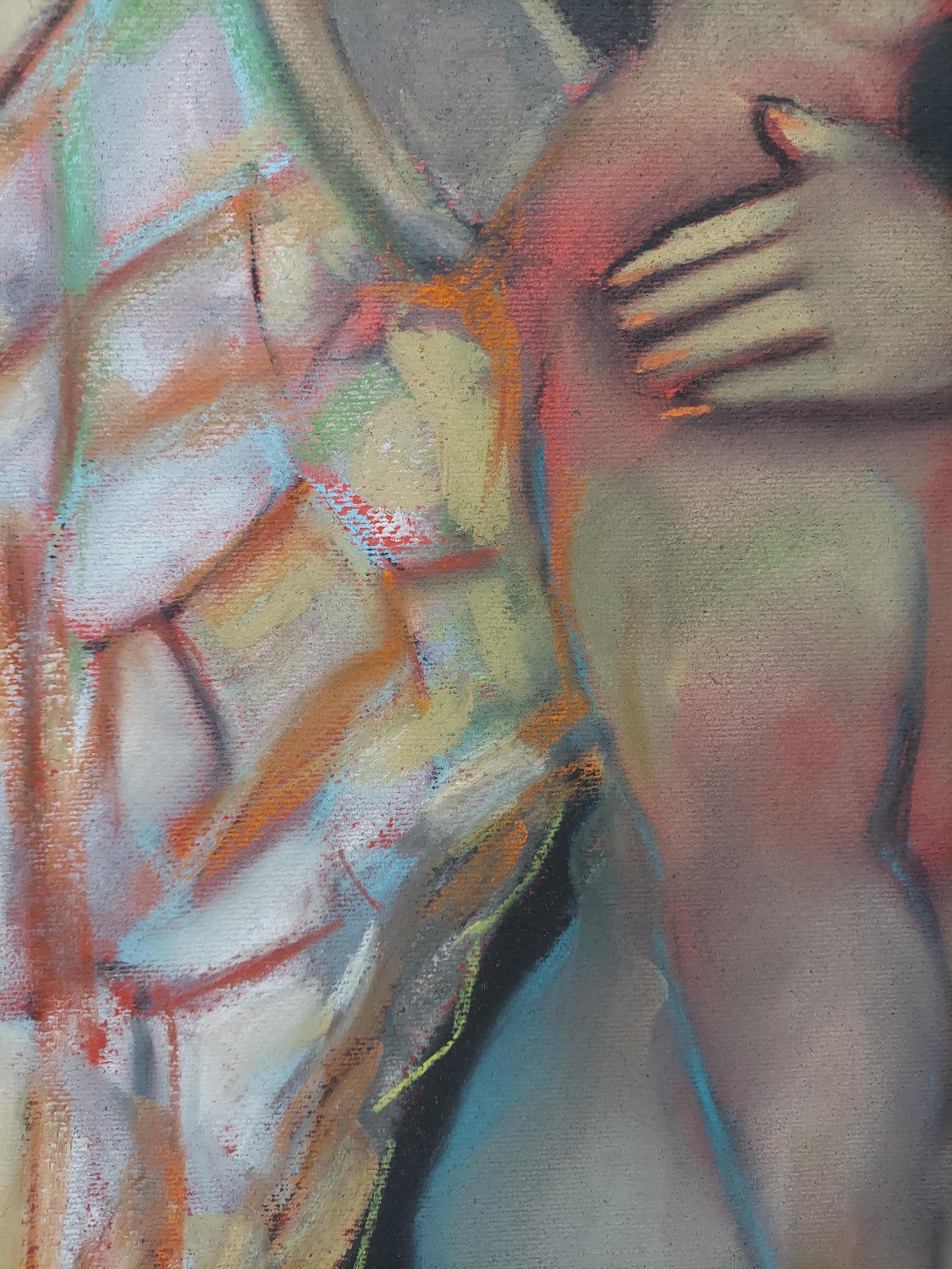 Two Angels double depiction of female nudes soft  red tones against black - Expressionist Art by Stephen Basso