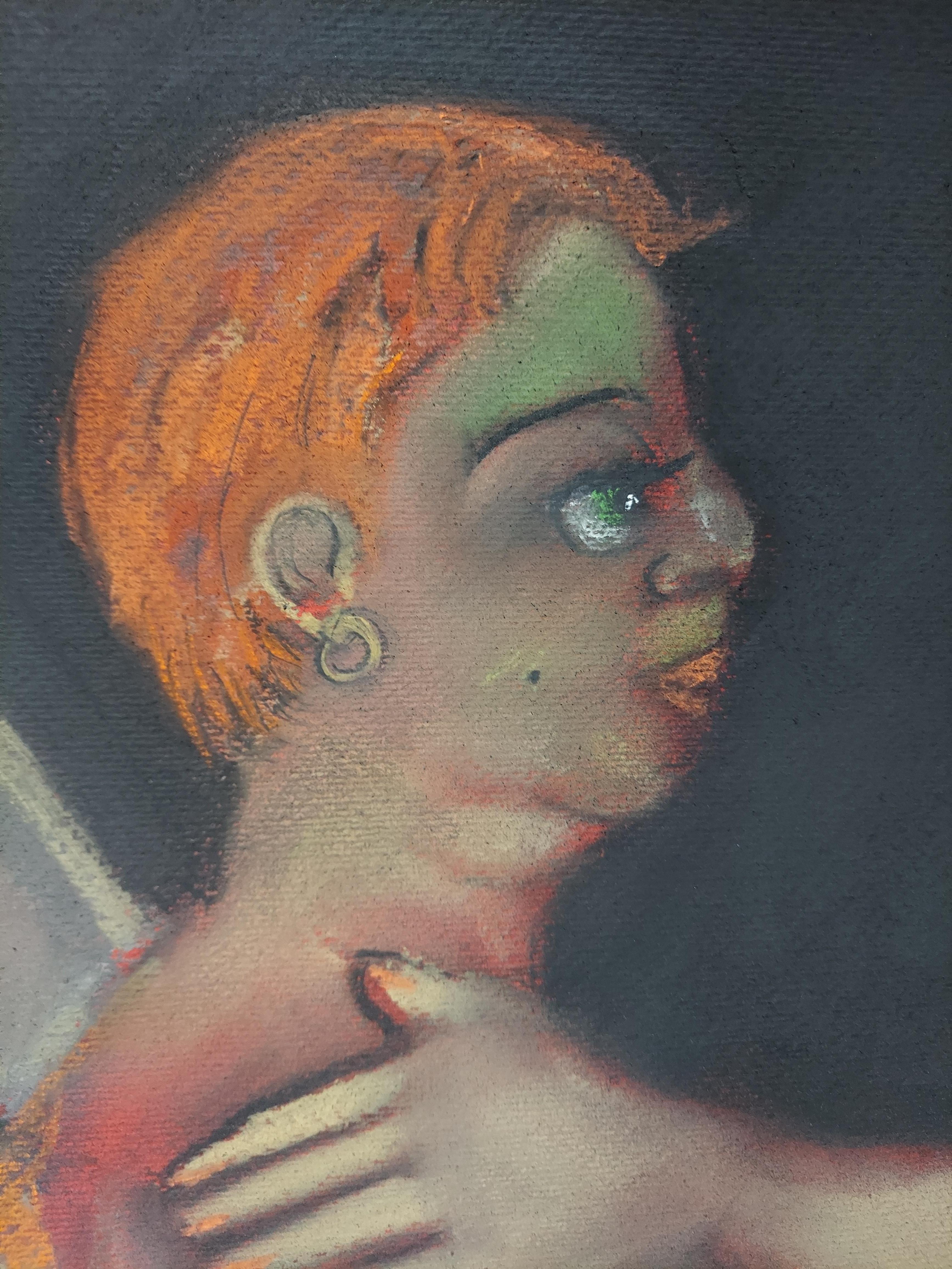 This is a richly colored pastel on red toned paper with bits of the primer flickering throughout the work. Signed and dated bottom left.