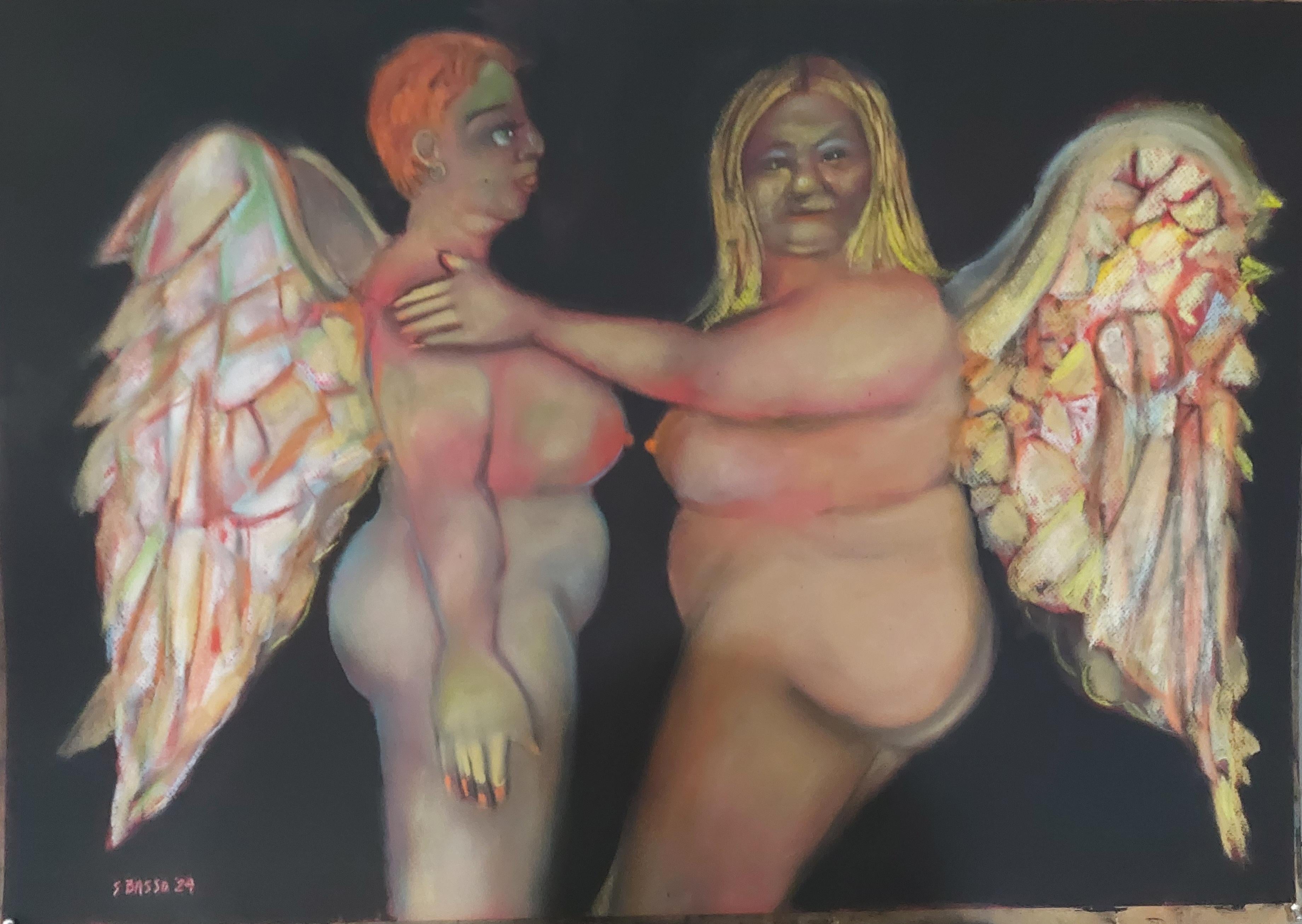 Due Angeli doppia rappresentazione di nudi femminili morbidi  toni rossi contro il nero