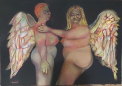 Two Angels double depiction of female nudes soft  red tones against black