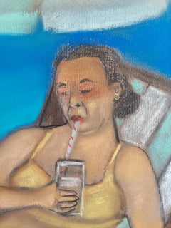 Sand Cat Lady humorous depicting of a seated woman on beach with sand sculpture