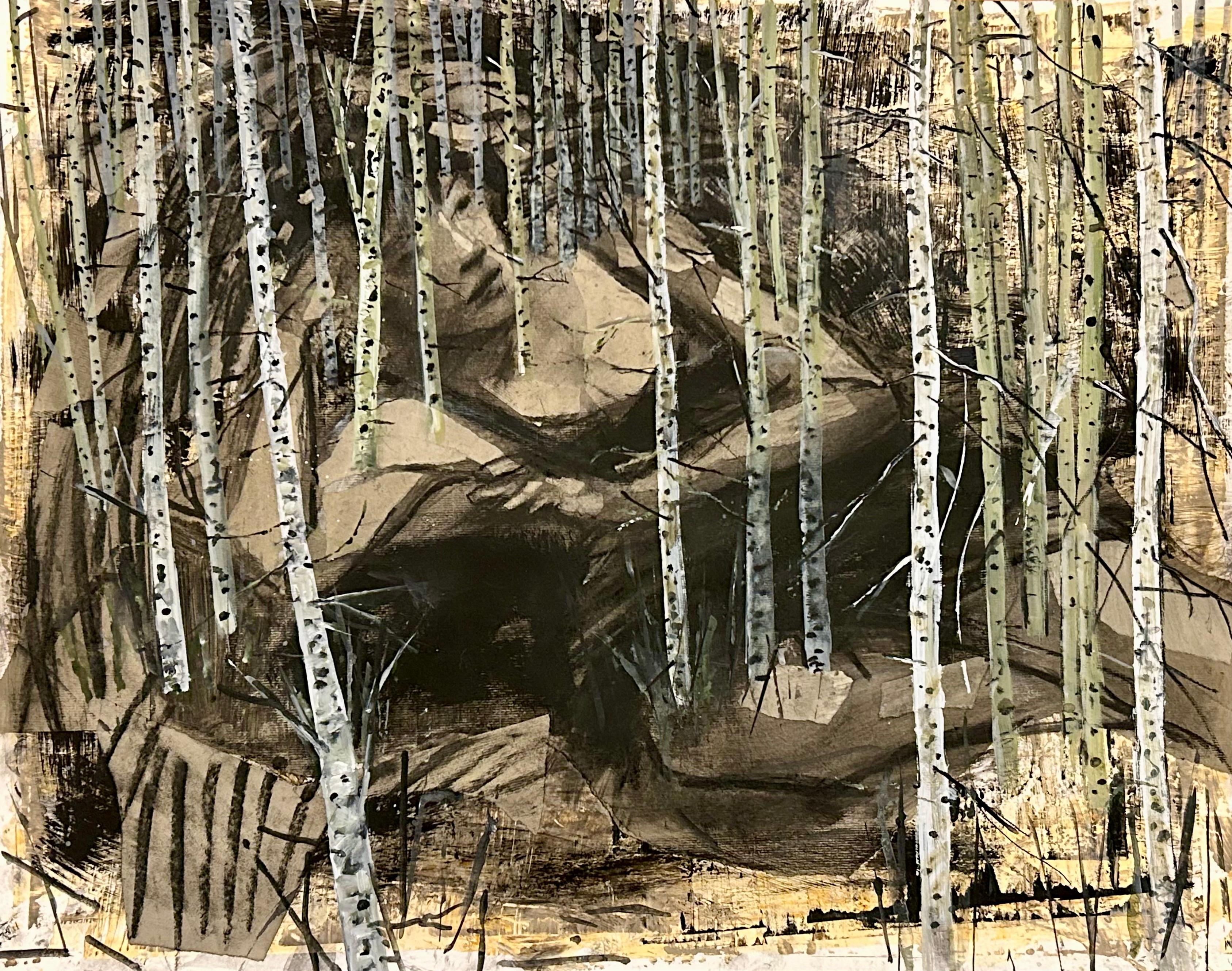 Mistero di betulla, alberi, figura femminile, toni neutri, collage su carta d'archivio