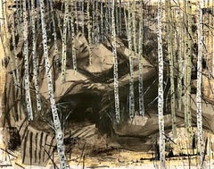 Mistero di betulla, alberi, figura femminile, toni neutri, collage su carta d'archivio