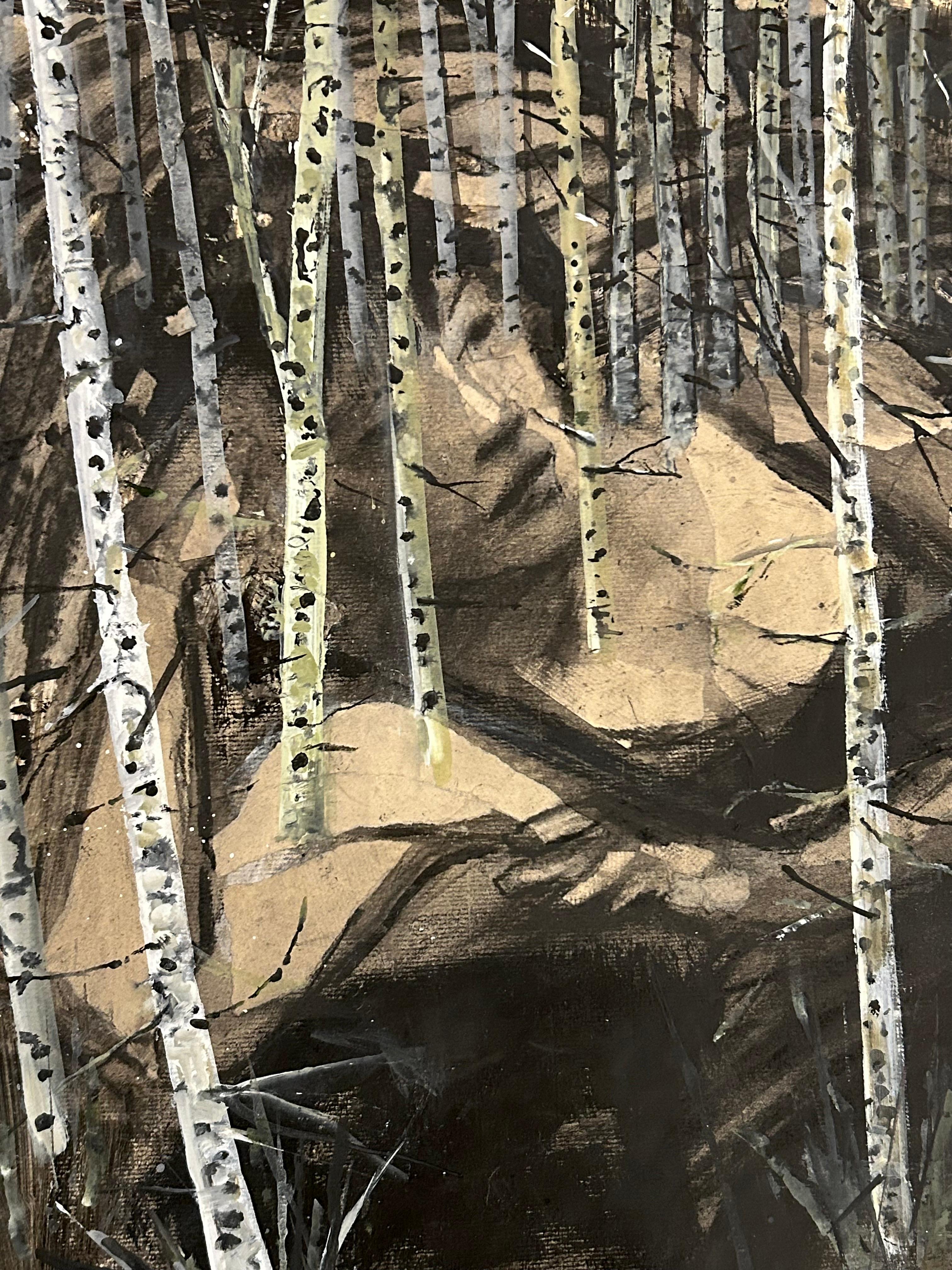 Birch Mystery, trees, female figure, neutral tones, collage on archival paper - Art by Audrey Anastasi