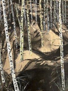 Birch Mystery, trees, female figure, neutral tones, collage on archival paper