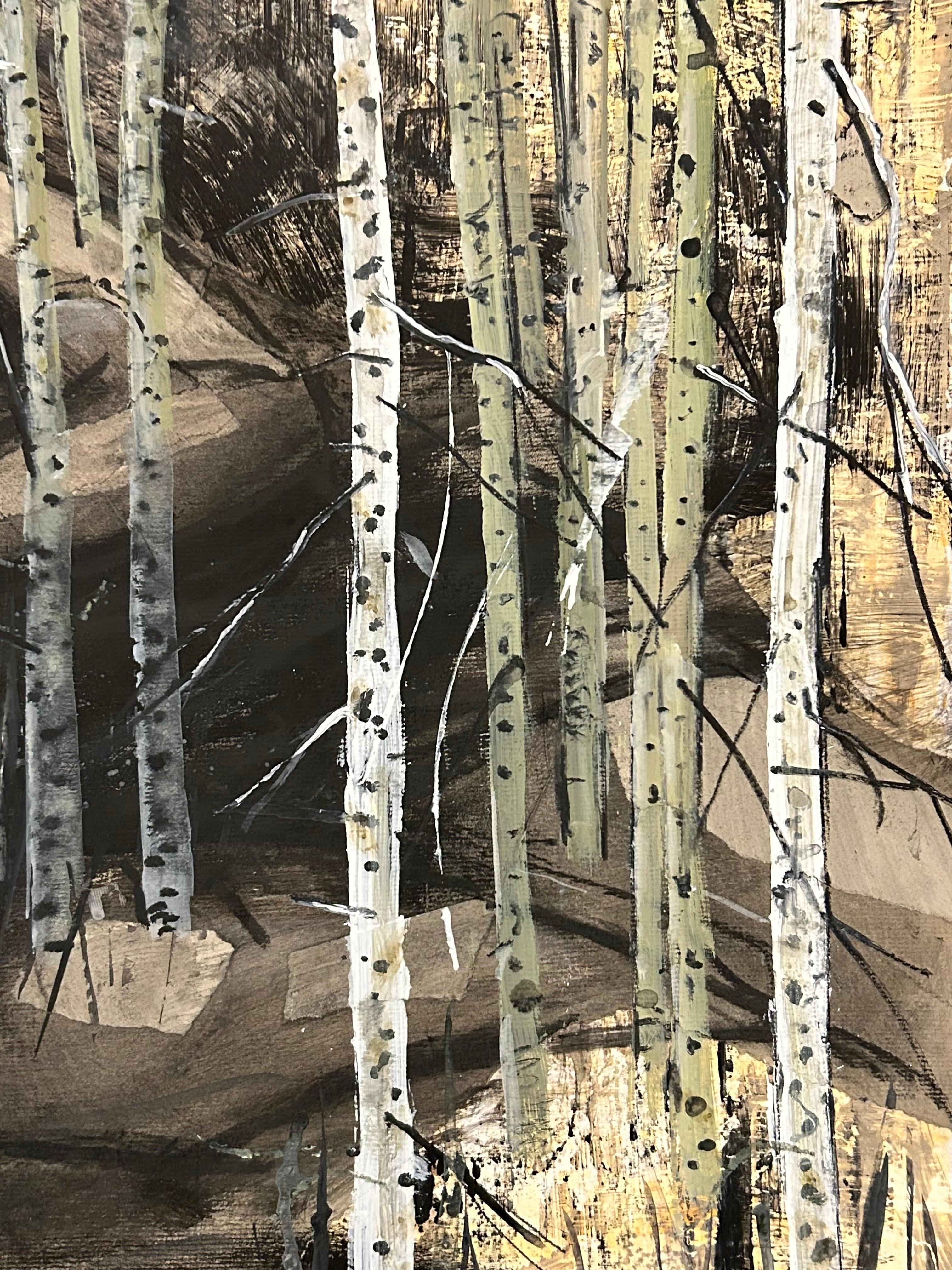 Birch Mystery, trees, female figure, neutral tones, collage on archival paper - Surrealist Art by Audrey Anastasi