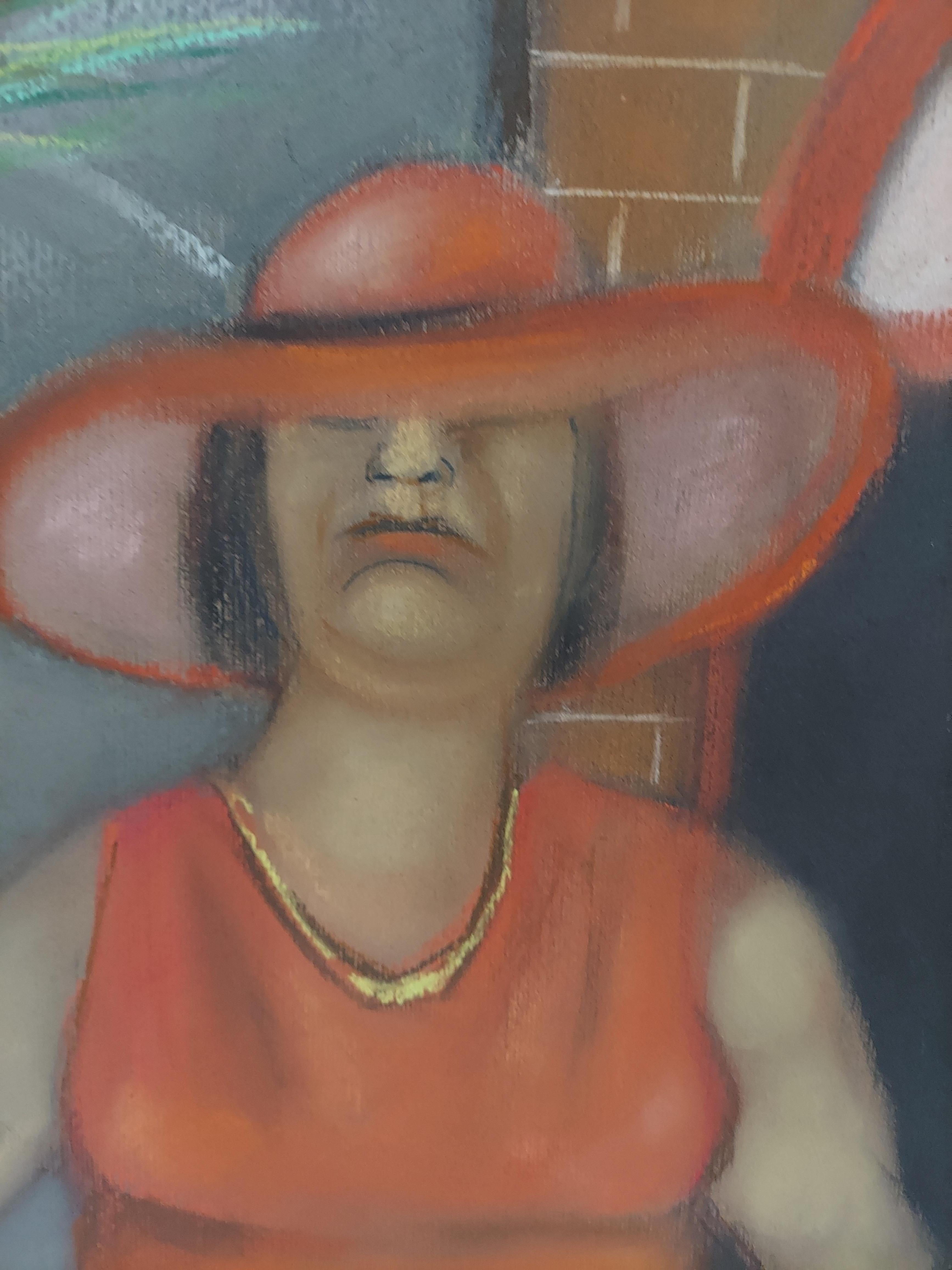Middletown ..scena di caffè con donna in piedi tra due piante di colore rosso caldo - Figurative Art Nero di Stephen Basso