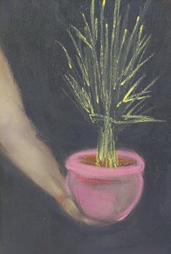 Middletown ..Cafe scene standing woman between two plants warm red color