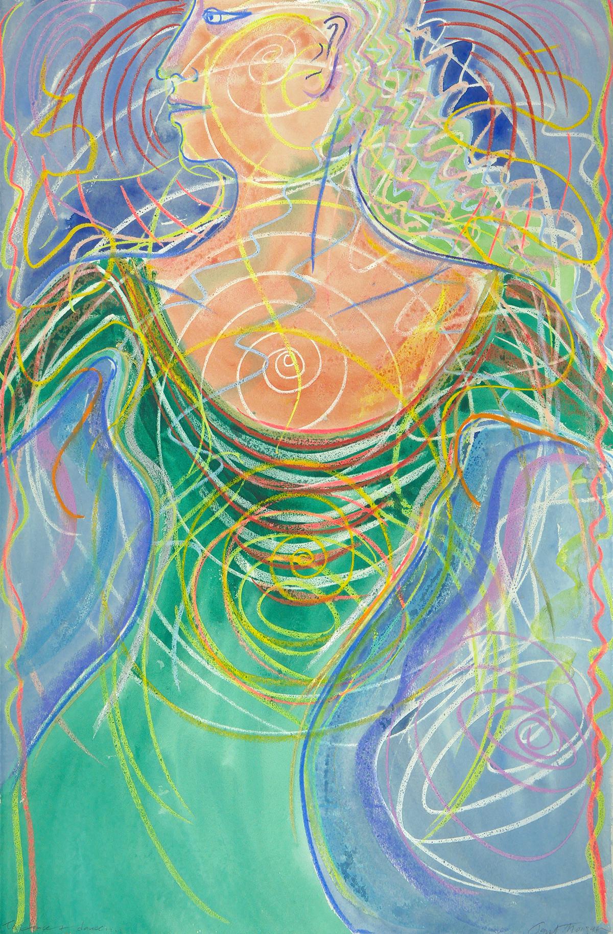Nude Painting Janet Morgan - To Dance and Dance, série Wild Woman bleu vert, femme puissante et colorée