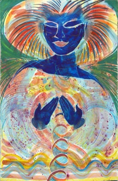 Mushroom Woman, colorful deep blue figurative mushroom hat