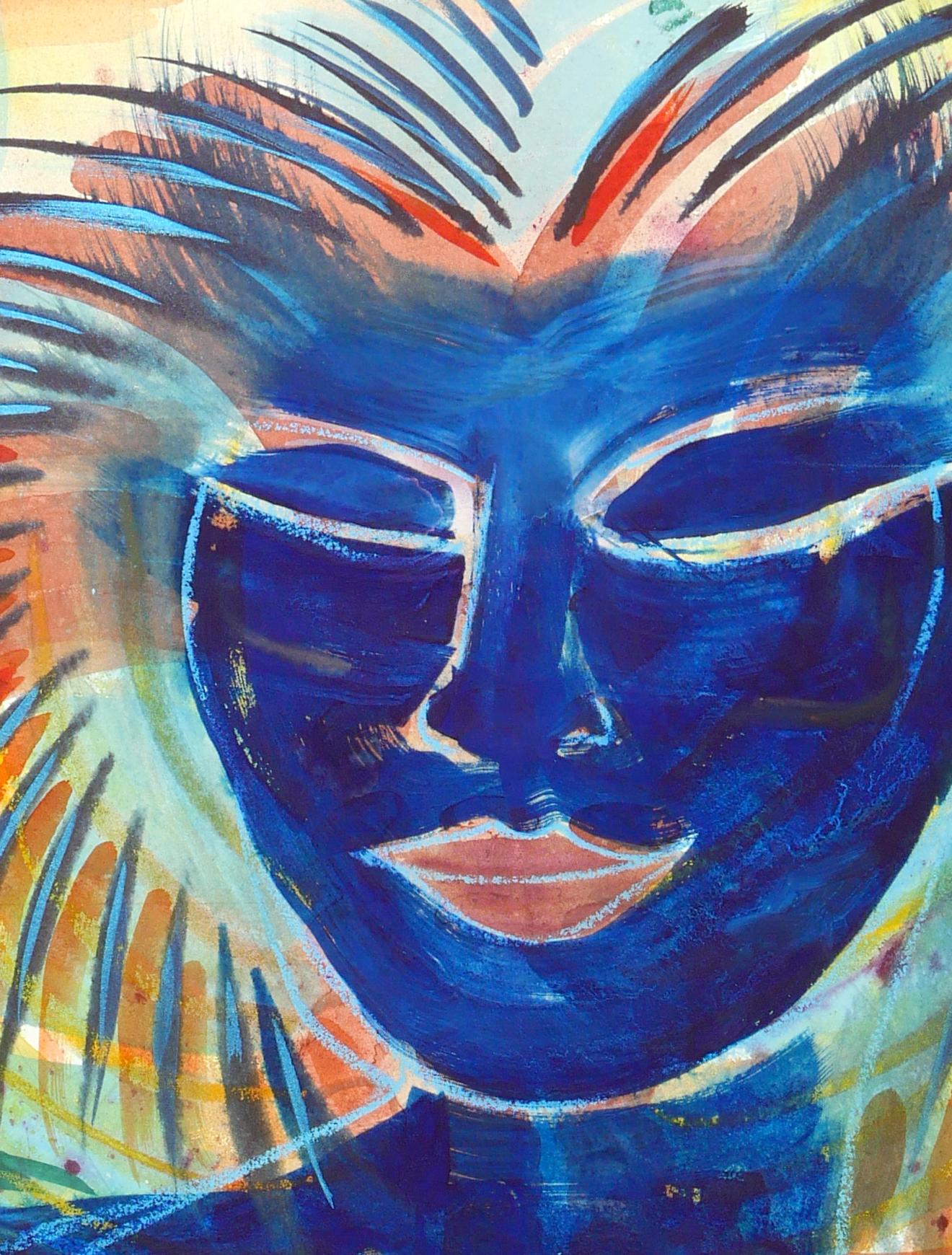 Pilzfrau, farbenfroher, tiefblauer, figurativer Pilzhut – Art von Janet Morgan
