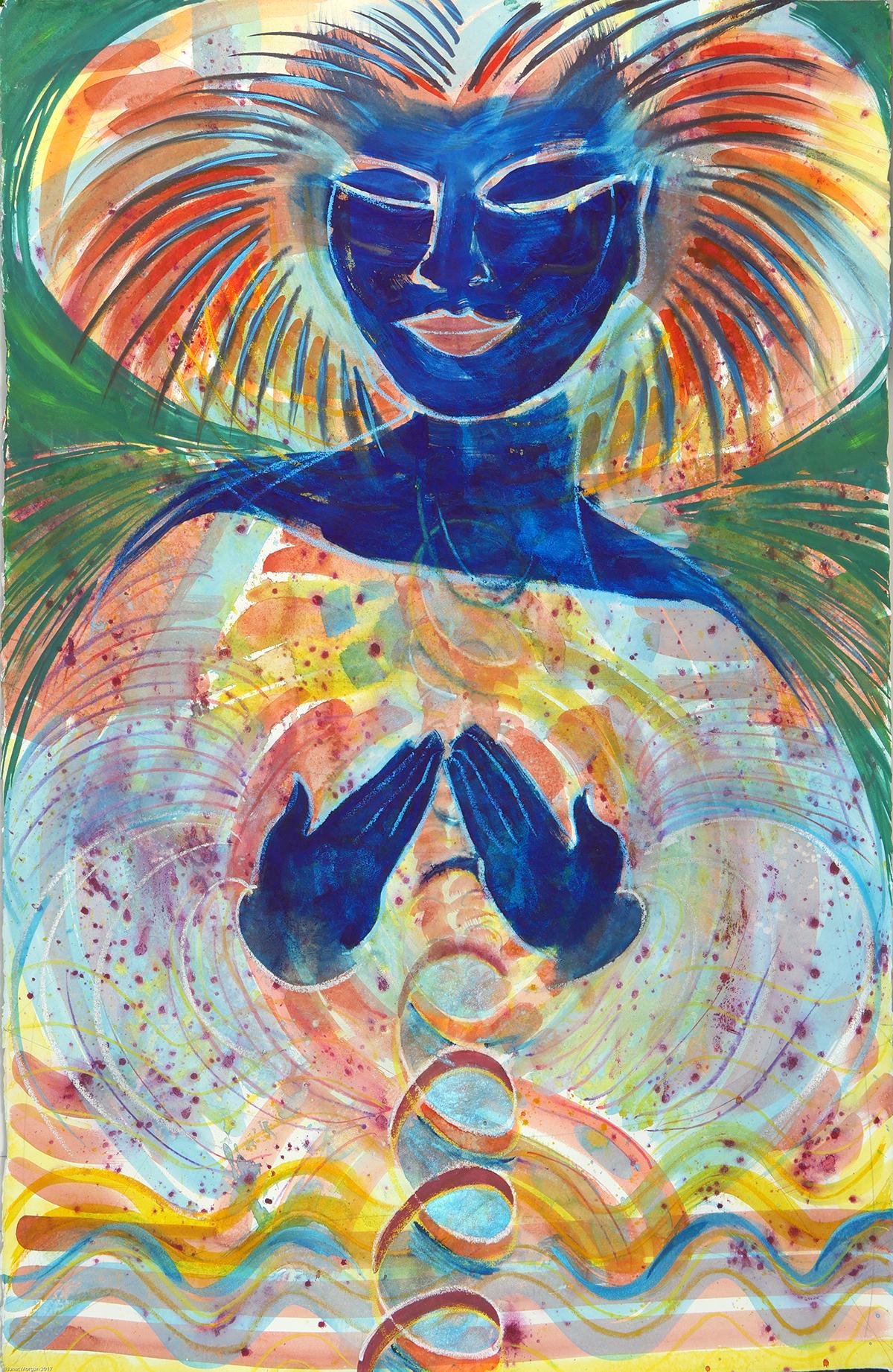 Watercolor, mixed media, using resists. 
Janet Morgan’s explosive art captures the exuberance
and deep wisdom we humans yearn to experience.  Her sense of humor and spiritual depth surprise the mind, expands the heart and connects us to the deepest