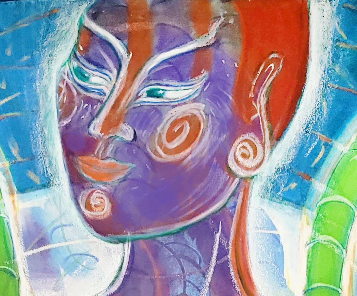 Tulsi-Geist, der die magische Herbe Indiens mit schillernden Pigmenten verkörpert. (Expressionismus), Art, von Janet Morgan