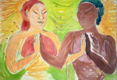 Double Namaste, lassen wir uns berühren und vereinen, farbenfrohe Yoga- Referenz