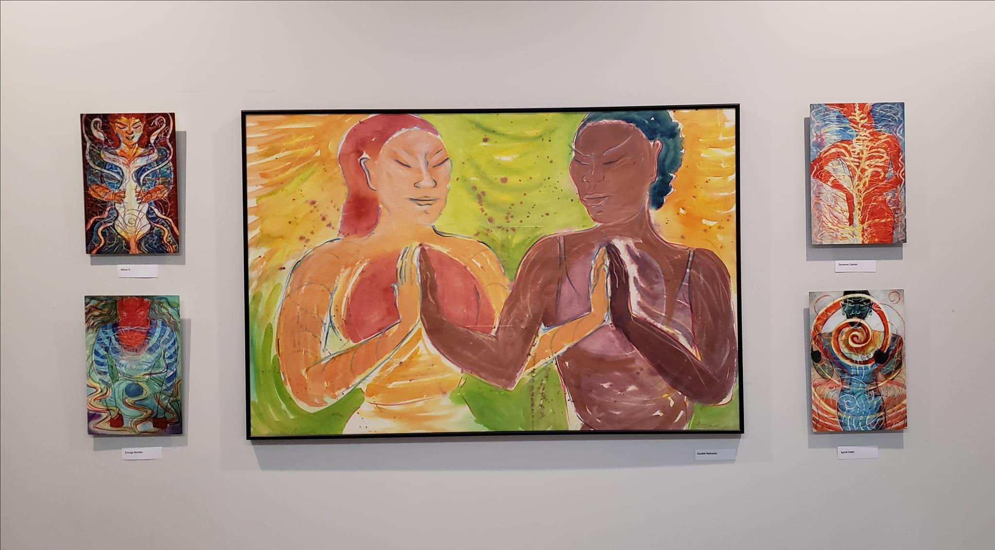 Double Namaste, lassen wir uns berühren und vereinen, farbenfrohe Yoga- Referenz im Angebot 1