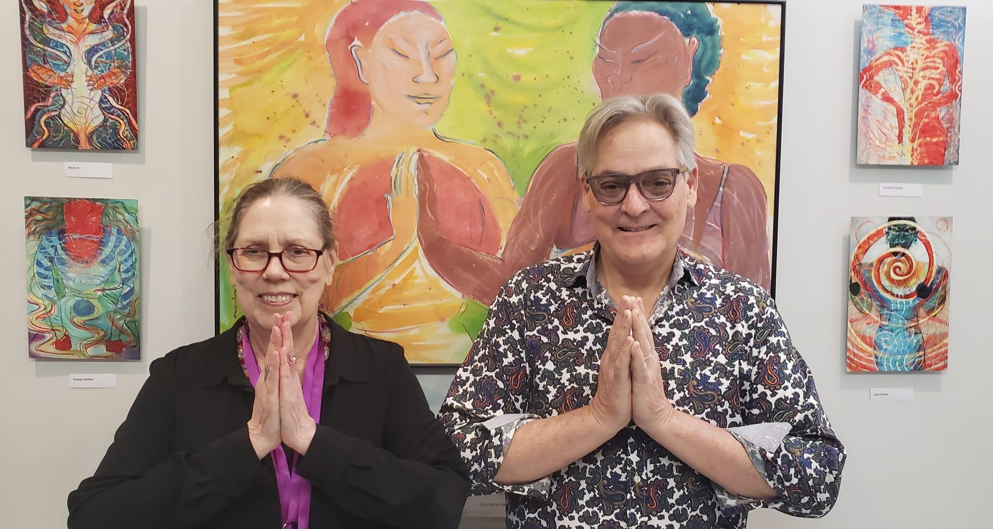 Double Namaste, lassen wir uns berühren und vereinen, farbenfrohe Yoga- Referenz im Angebot 2
