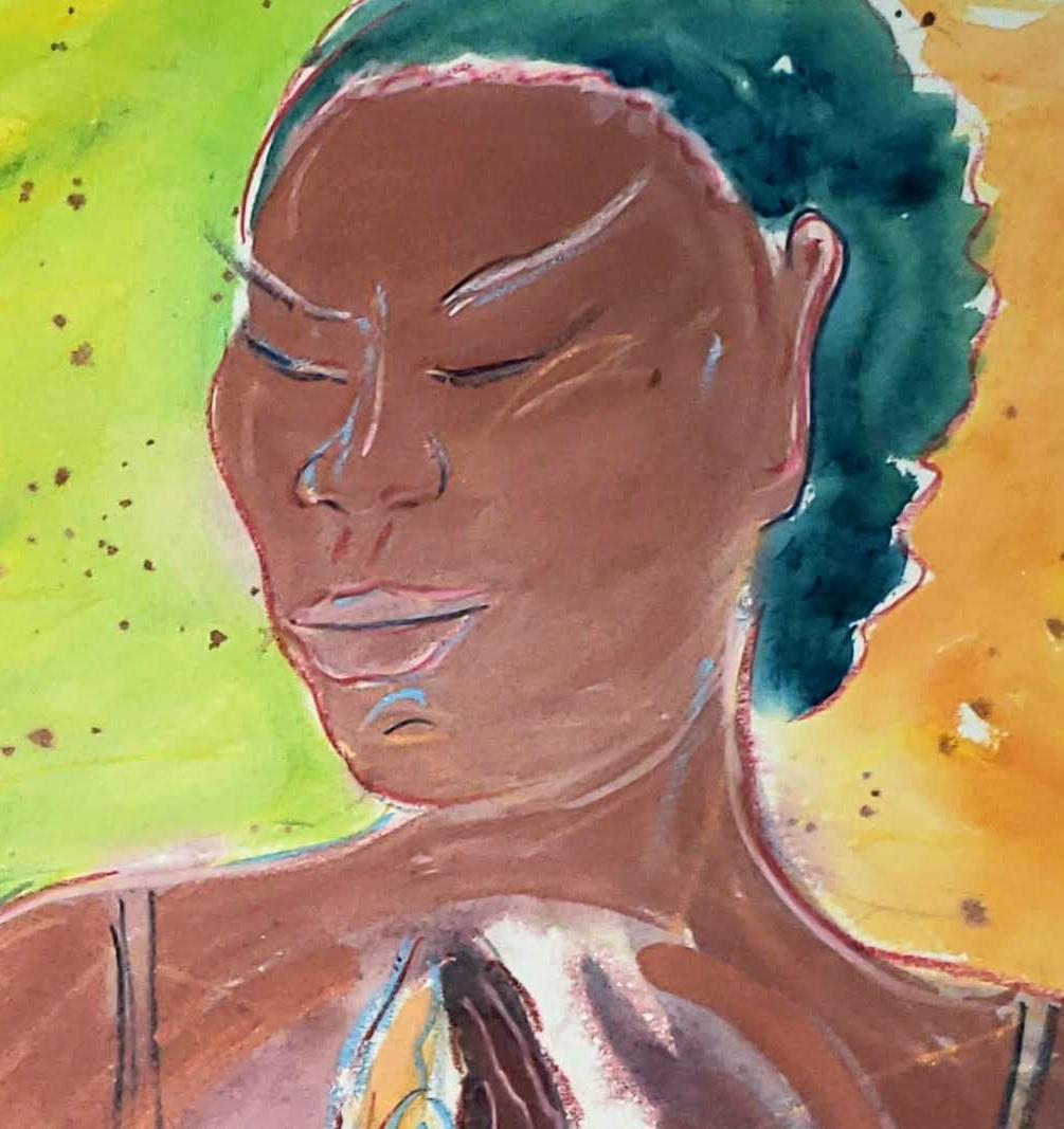 Double Namaste, lassen wir uns berühren und vereinen, farbenfrohe Yoga- Referenz (Braun), Nude, von Janet Morgan