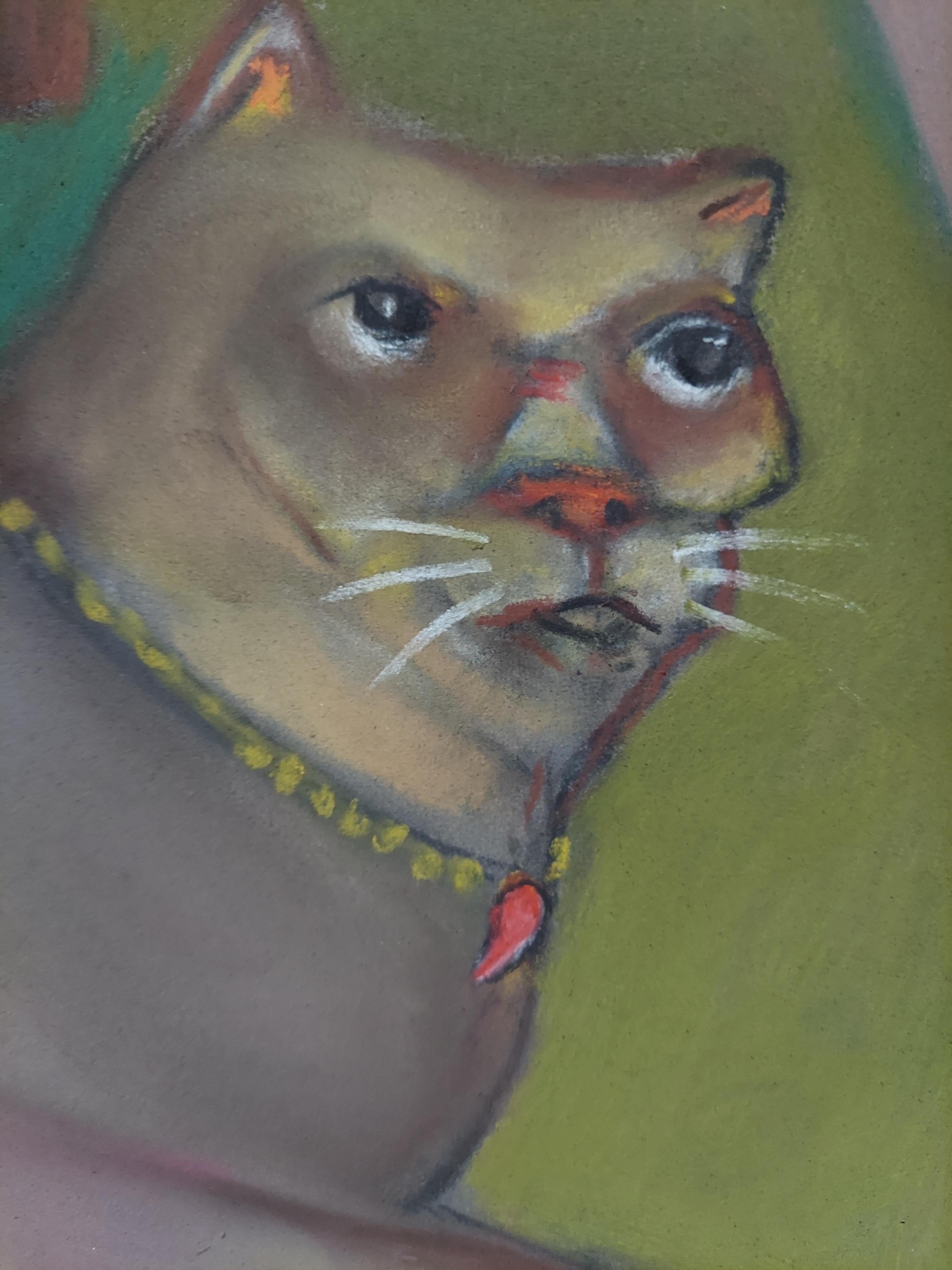 The Curious Feline inquisitive cat with stone sculpture  soft blended color - Gray Animal Art by Stephen Basso