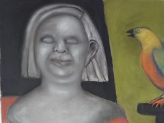 Silent Song Stein weibliche Büste mit Singvogel leeren Käfig dunklen und hellen Farben