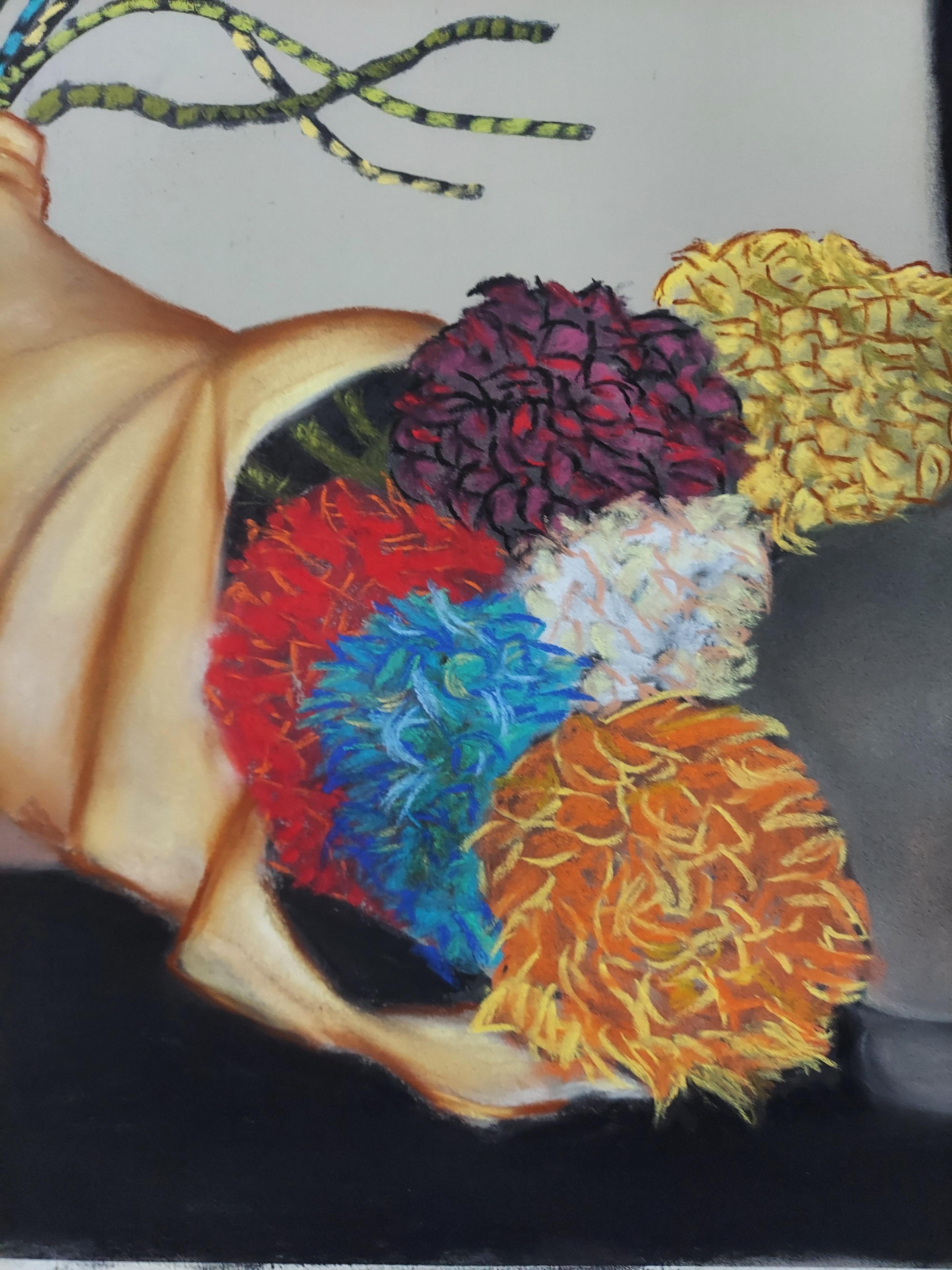 Stiller Wohlgeruch  Frauenbüste-Skulptur, Blumenstrauß aus verschiedenen Chrysanthemen. (Postmoderne), Art, von Stephen Basso