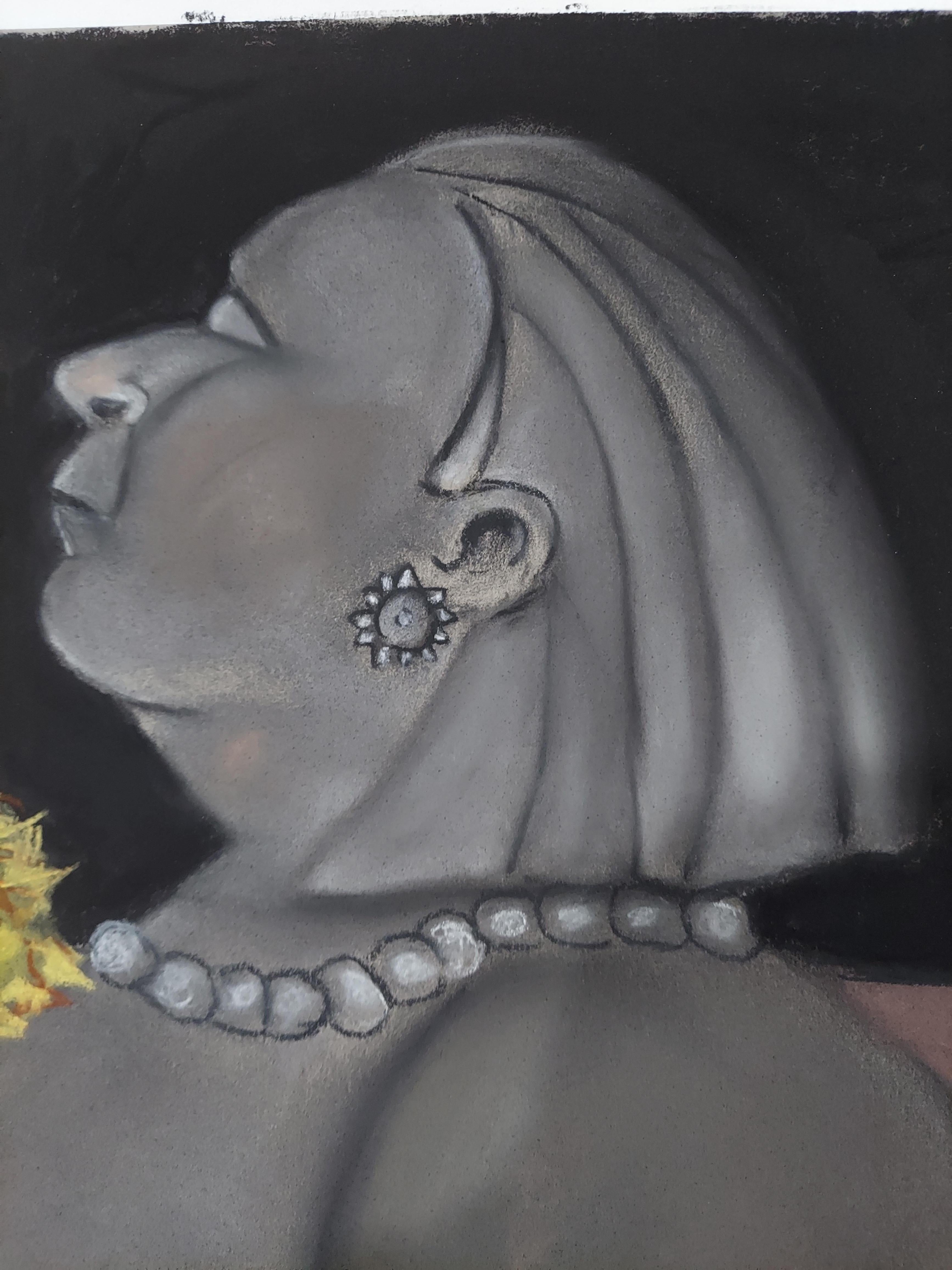 Stiller Wohlgeruch  Frauenbüste-Skulptur, Blumenstrauß aus verschiedenen Chrysanthemen. (Grau), Still-Life, von Stephen Basso