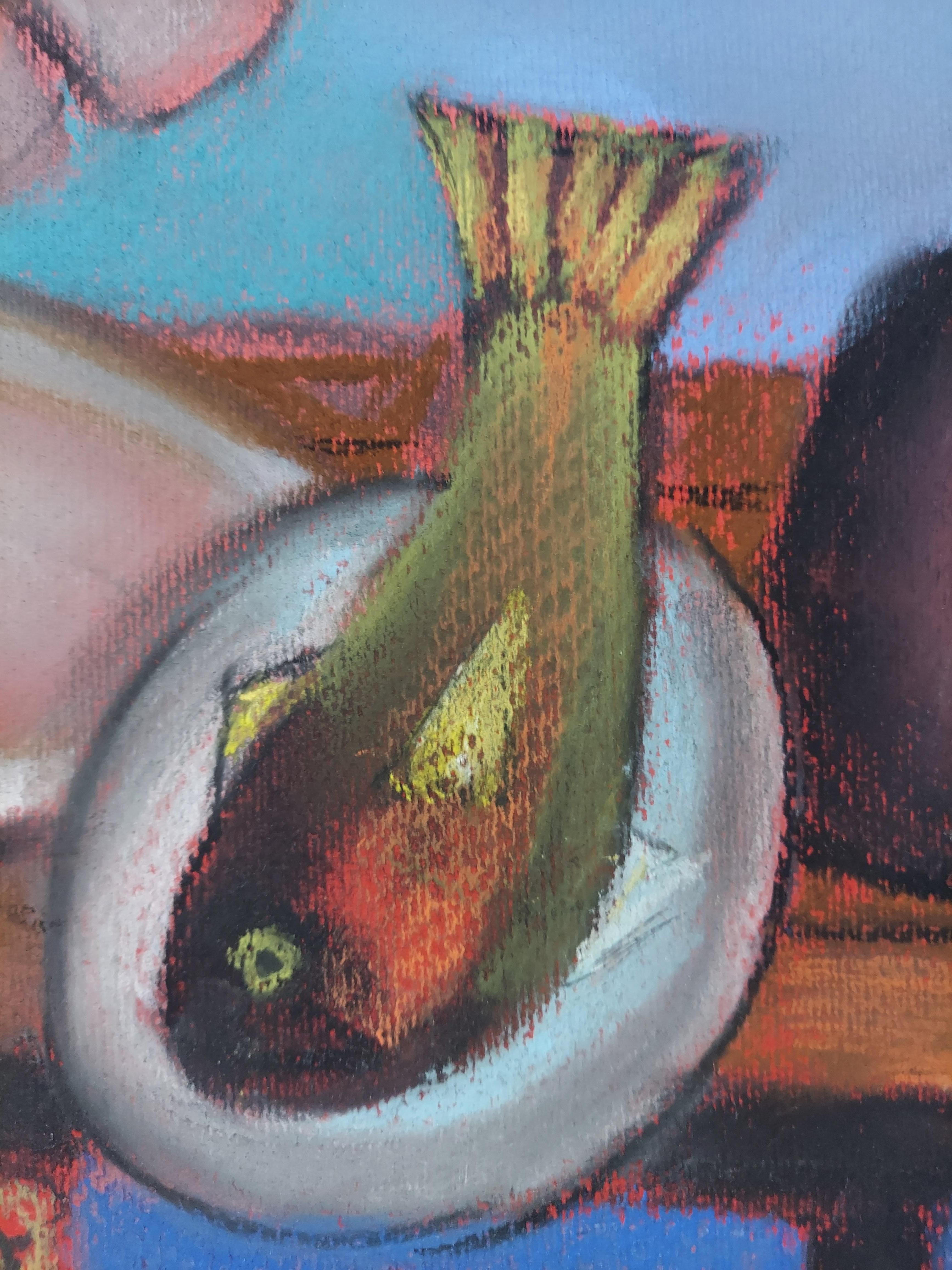 Jugglers.  Acrobats w table large bird w bread loaf red undertone fantasy - Outsider Art Art by Stephen Basso