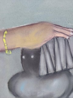 The Collector.  Large female figure w wood & stone sculptures mermaid soft color