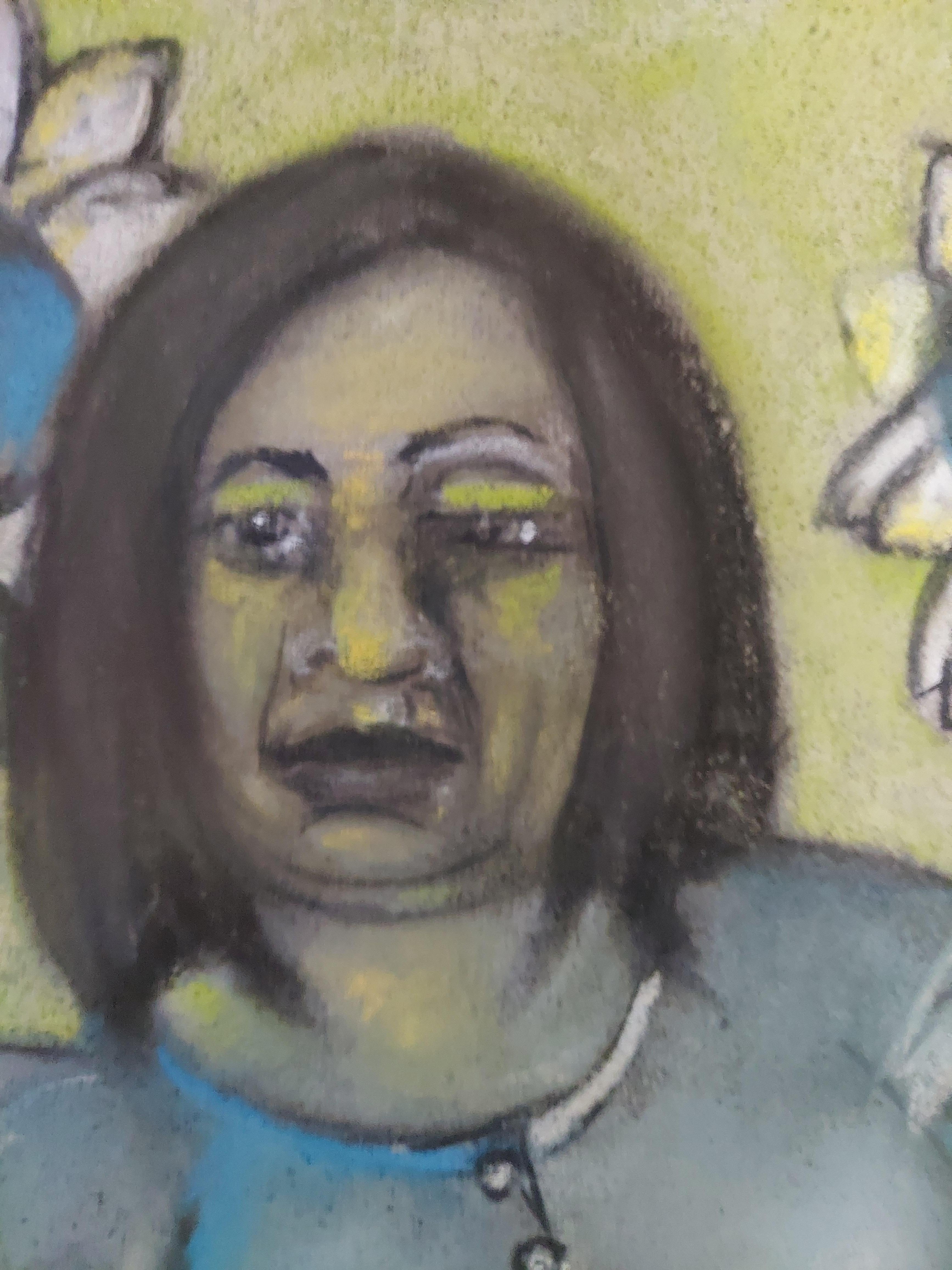 Sonnenblumenmädchen. Sitzende weibliche Figur mit Sonnenblume Töpfe grau schwarz und grün zu (Expressionismus), Art, von Stephen Basso