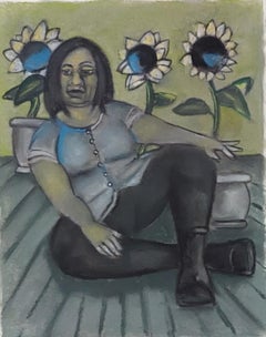 Sunflower Girl. Seated female figure with sunflower pots grey black and green to
