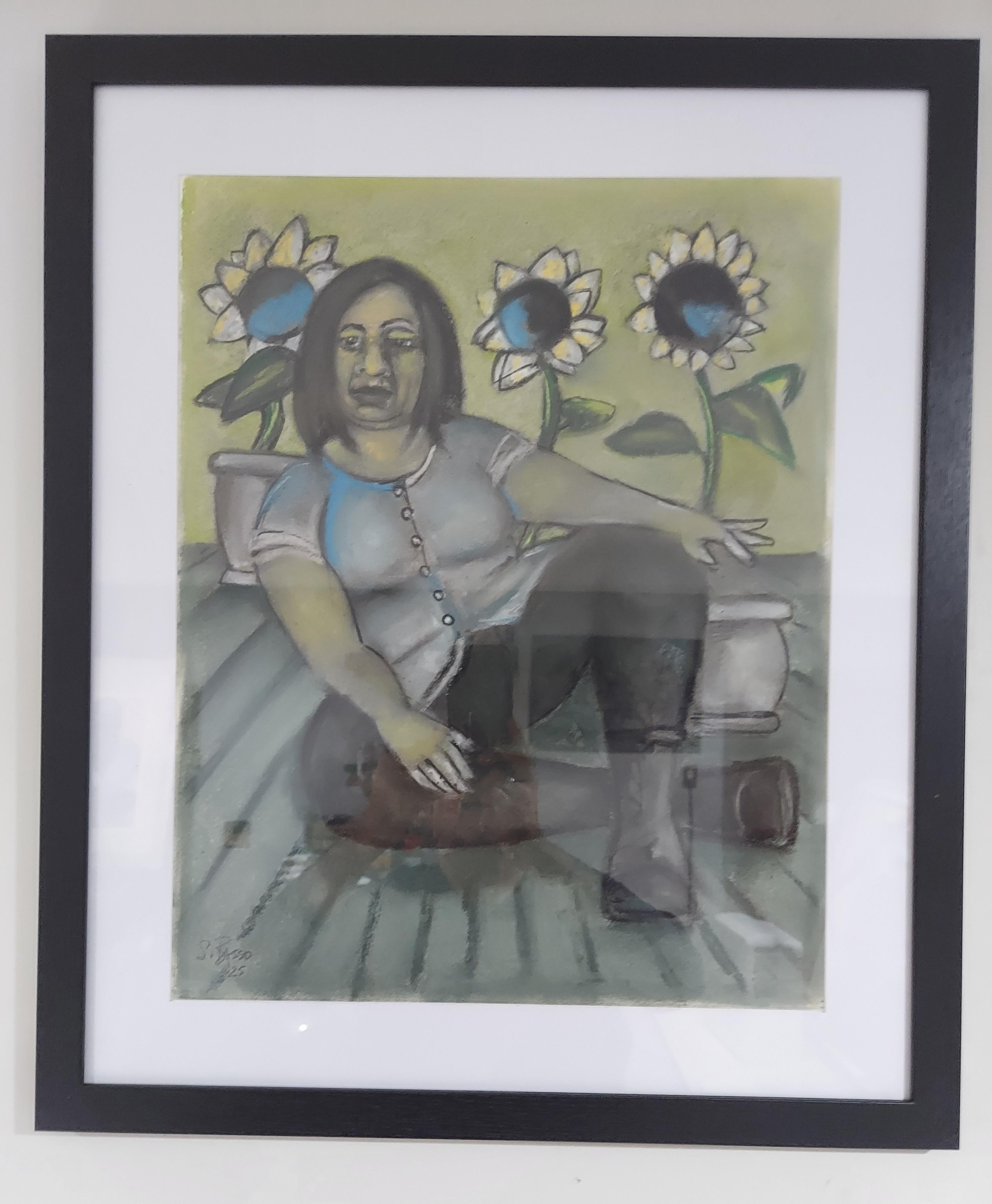 Sonnenblumenmädchen. Sitzende weibliche Figur mit Sonnenblume Töpfe grau schwarz und grün zu – Art von Stephen Basso