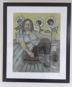 Sunflower Girl. Seated female figure with sunflower pots grey black and green to