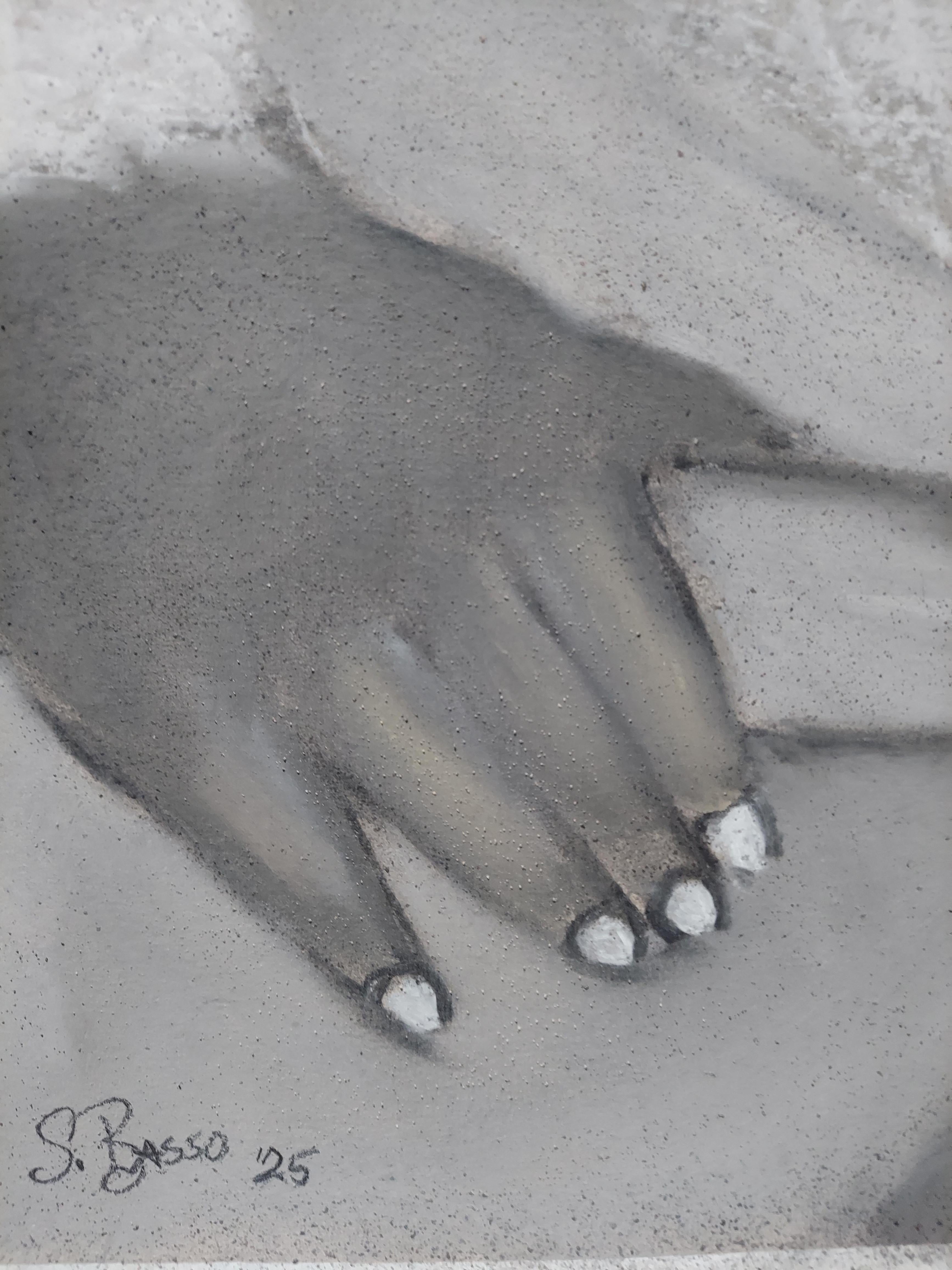 Donna vestita. Ritratto a 3/4 realizzato in bianco grigio nero e tocchi di rosa. - Art Espressionista di Stephen Basso