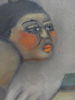 Souvenirs. Seated female figure with wooden mermaids blue grey w bright colors