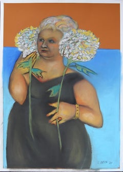 Flower Power. Figura larfemmina con crisantemi blu, tonalità oro