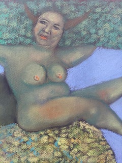Tree Dwellers four female nudes green and red foliage sky blue background
