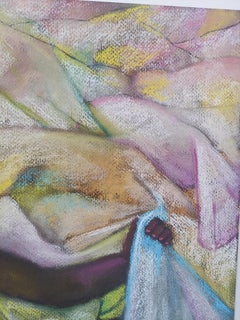 Large Pear Nude. Female nude with three large pears twisted sheet background