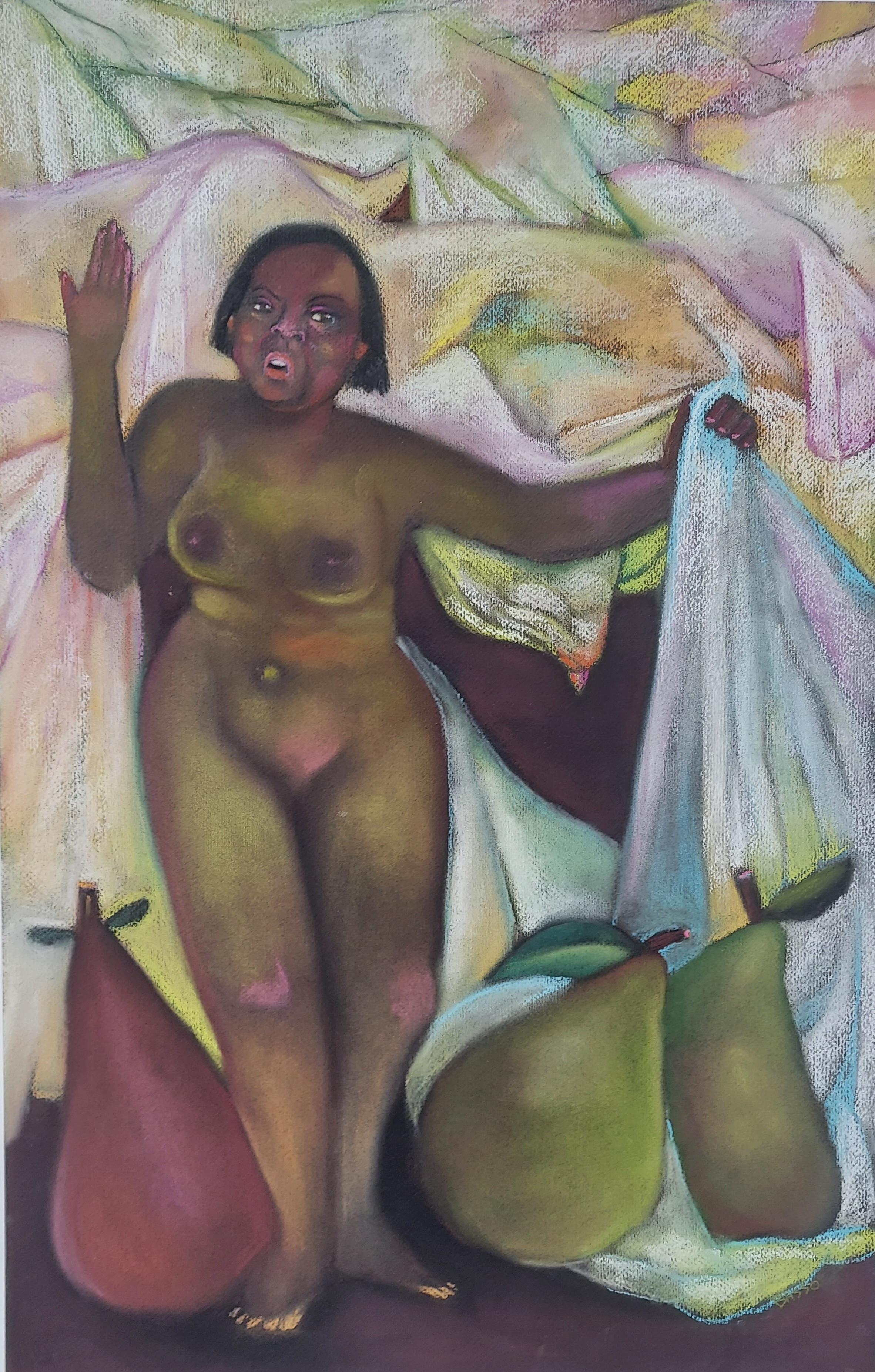 Large Pear Nude. Female nude with three large pears twisted sheet background - Art by Stephen Basso
