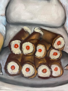 Cannoli Tray, young woman w Italian pastry soft earth tones, red, food theme