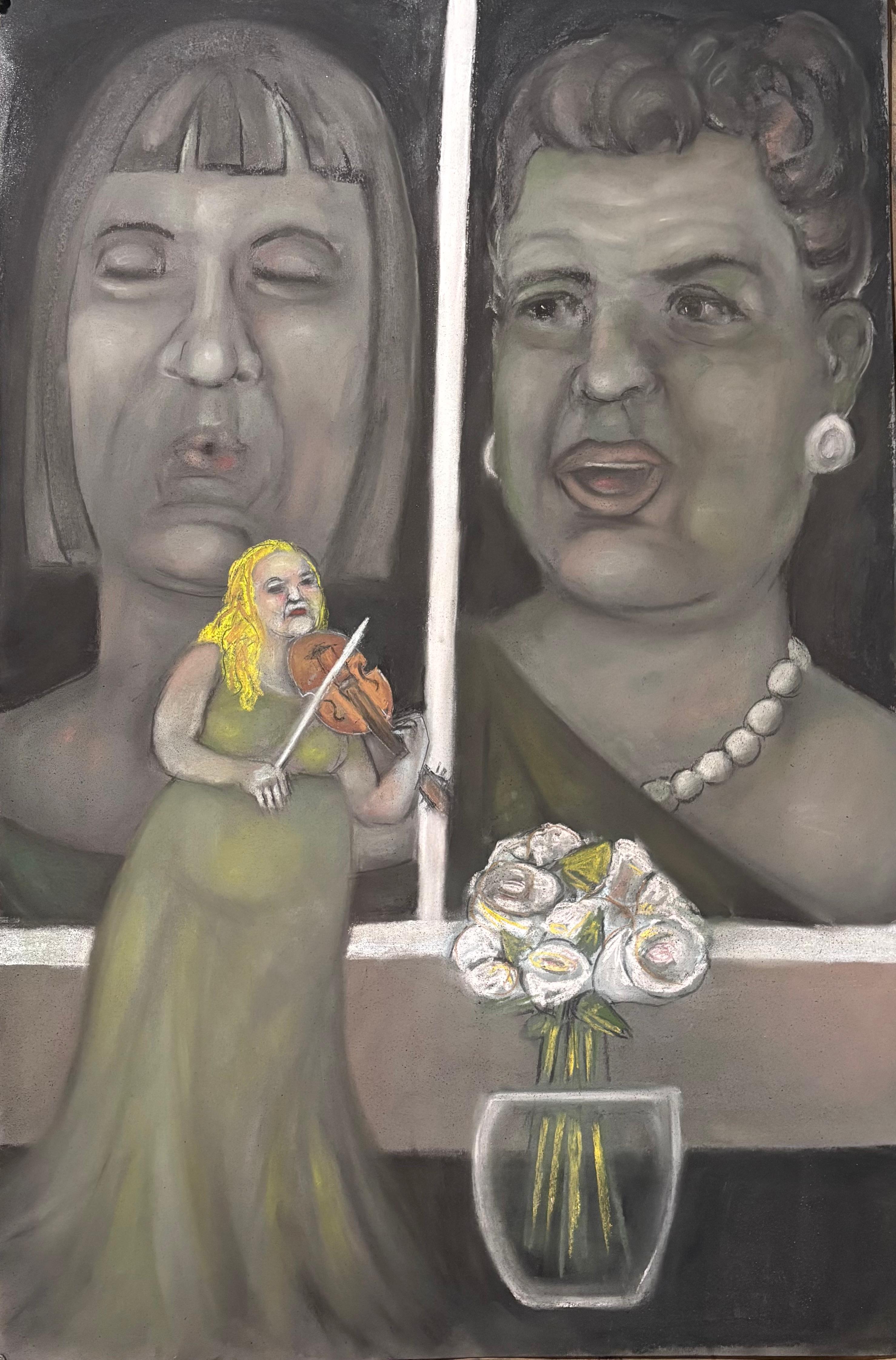 Sonata music theme muted grey black green tones 2 heads flowers