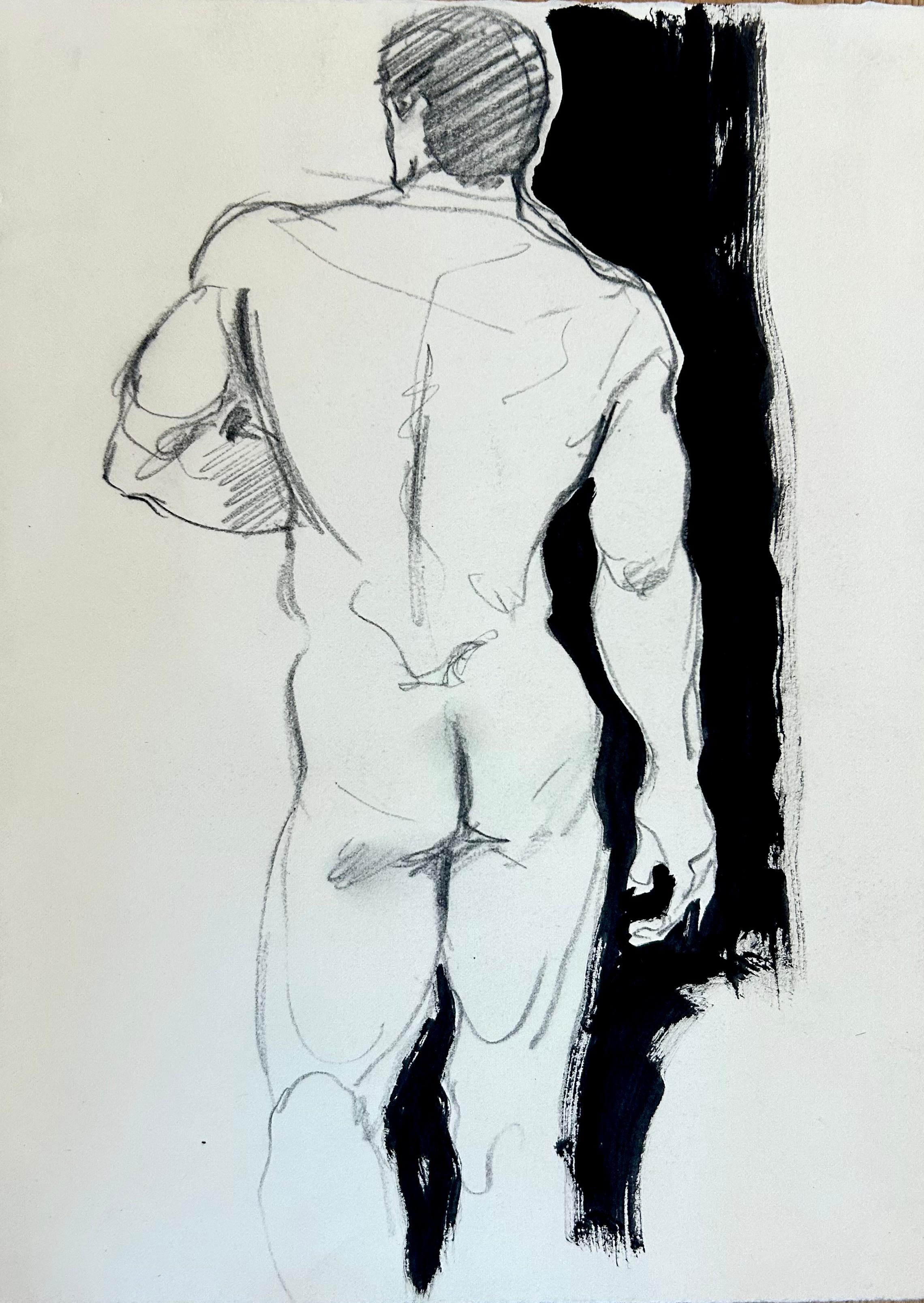 Classic male nude, back view, contropposto, monochromatic sketch life drawing