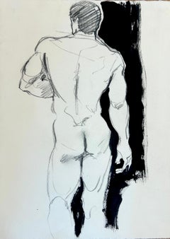 Desnudo masculino clásico, vista de espaldas, contropposto, boceto monocromático de modelo vivo