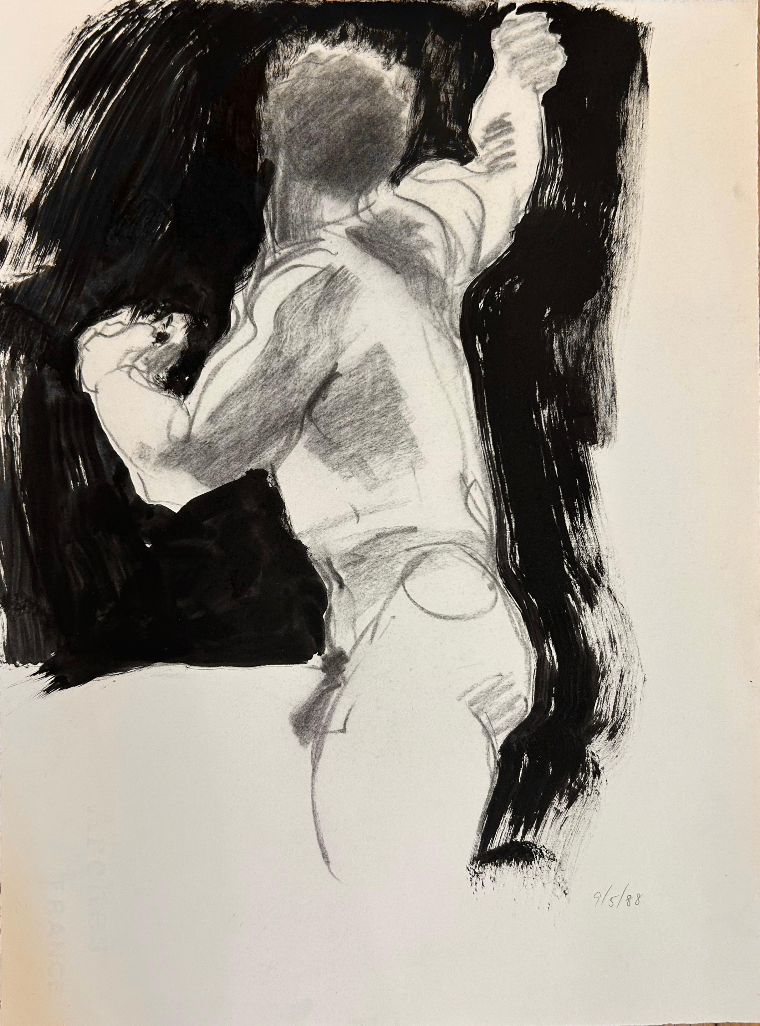 Audrey Anastasi Figurative Art - Classic Male nude reaching charcoal, acrylic