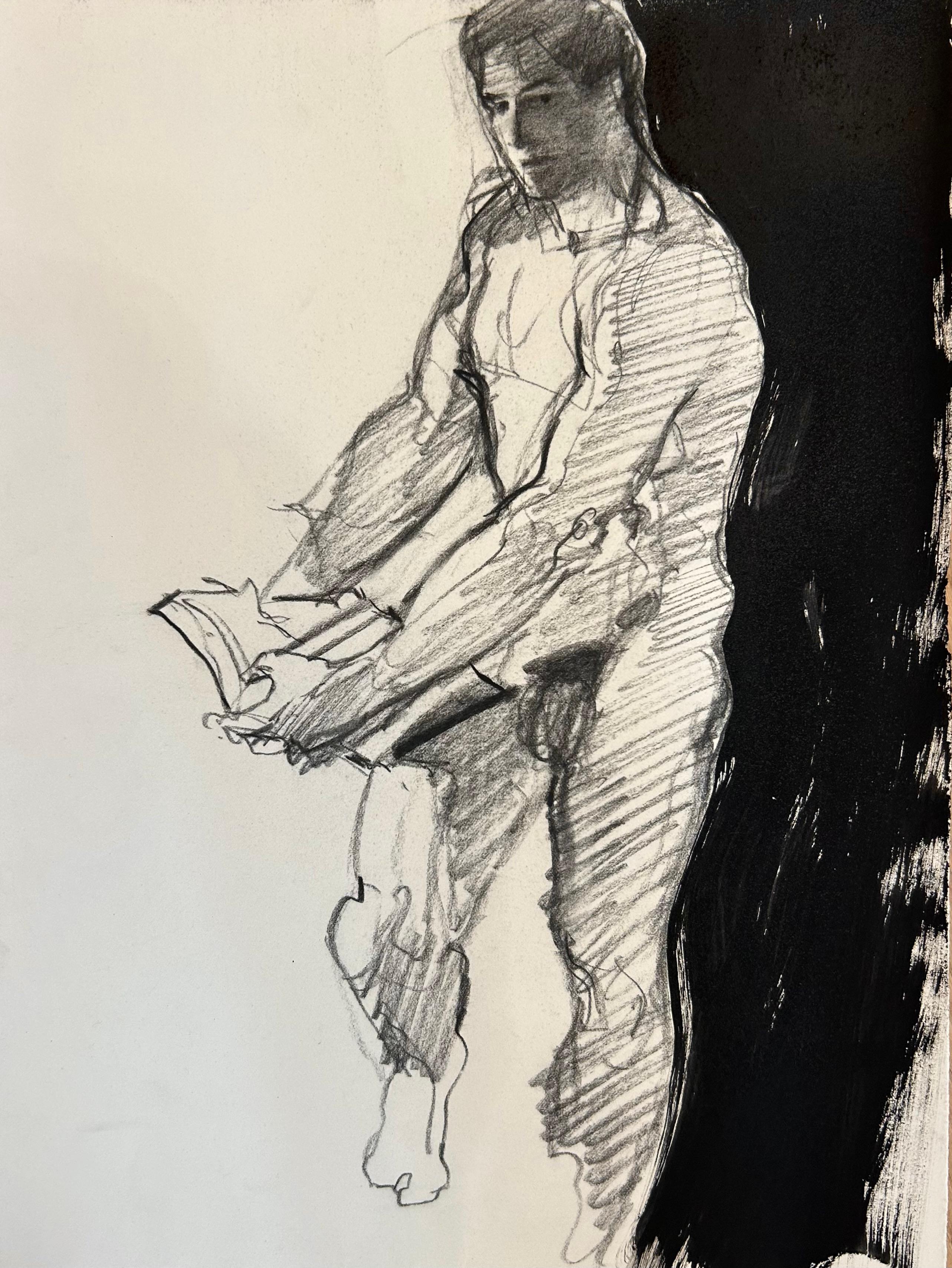 Classic Male nude w book charcoal, acrylic
