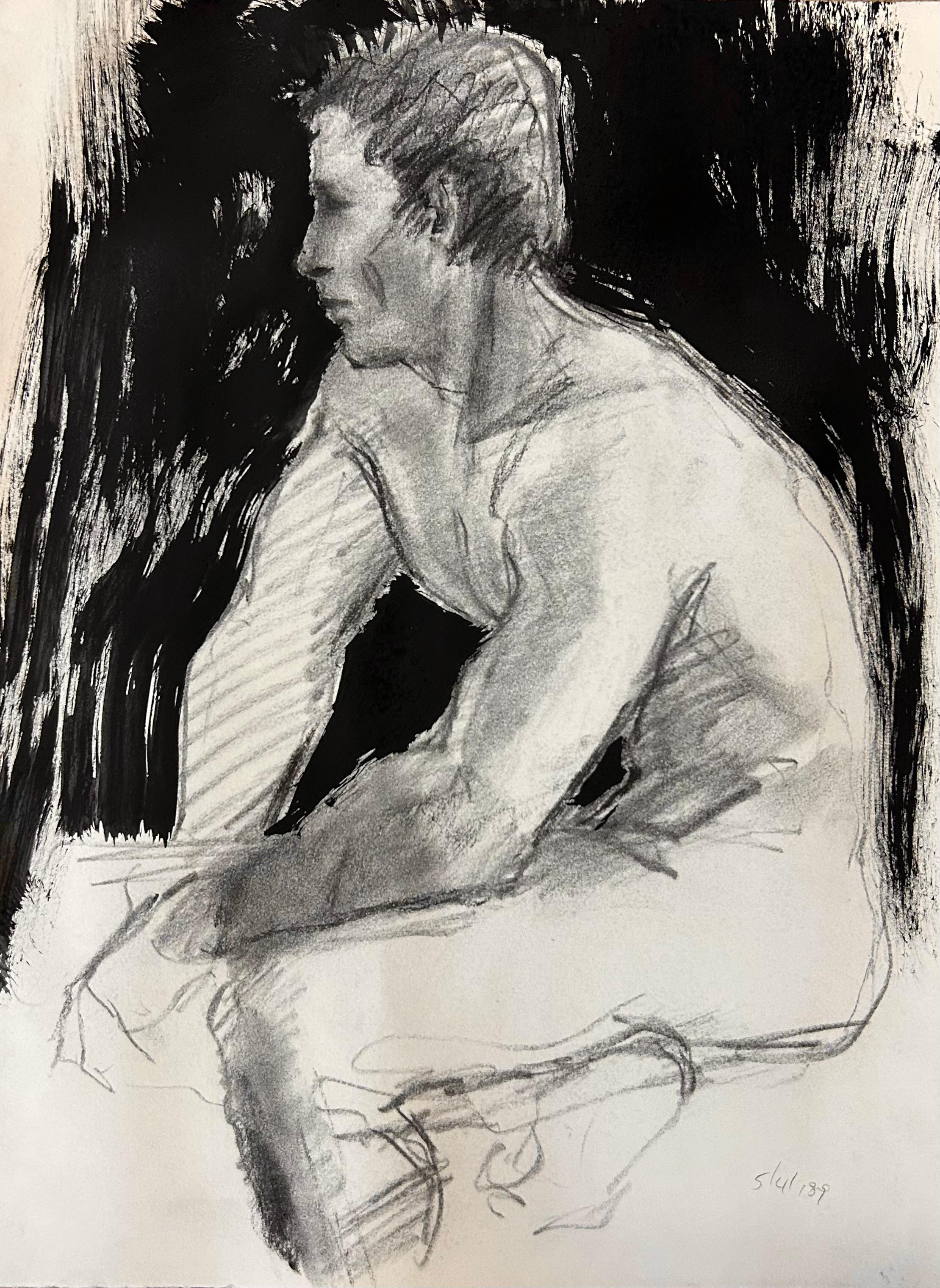 Nu masculin classique assis, fusain et acrylique