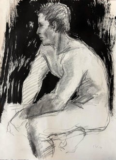 Nudo maschile classico seduto, a carboncino e acrilico