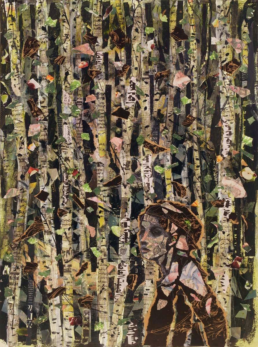 Persian Forest, dark patterns, birch trees female figure Arabic writing text  - Mixed Media Art by Audrey Anastasi